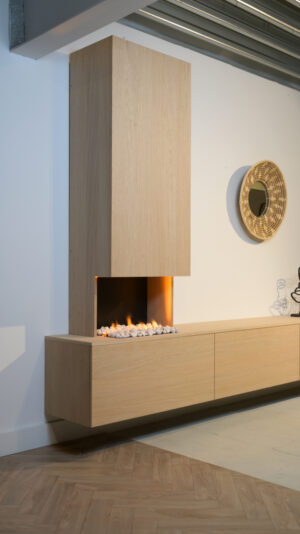 Jackson | tv meubel met openhaard met stenen en koof | Eiken | 3 Kleppen | 200 – 300 cm Blanco Eiken