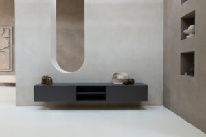 Henry | Zwevend tv-meubel | Eiken Melamine | Scandinavisch Design | 2 Kleppen met open vak| 180 – 240 cm