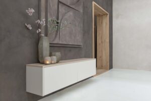 Gregor | Zwevend tv-meubel | Eiken Melamine | Scandinavisch Design | 2 Kleppen | 120 – 180 cm